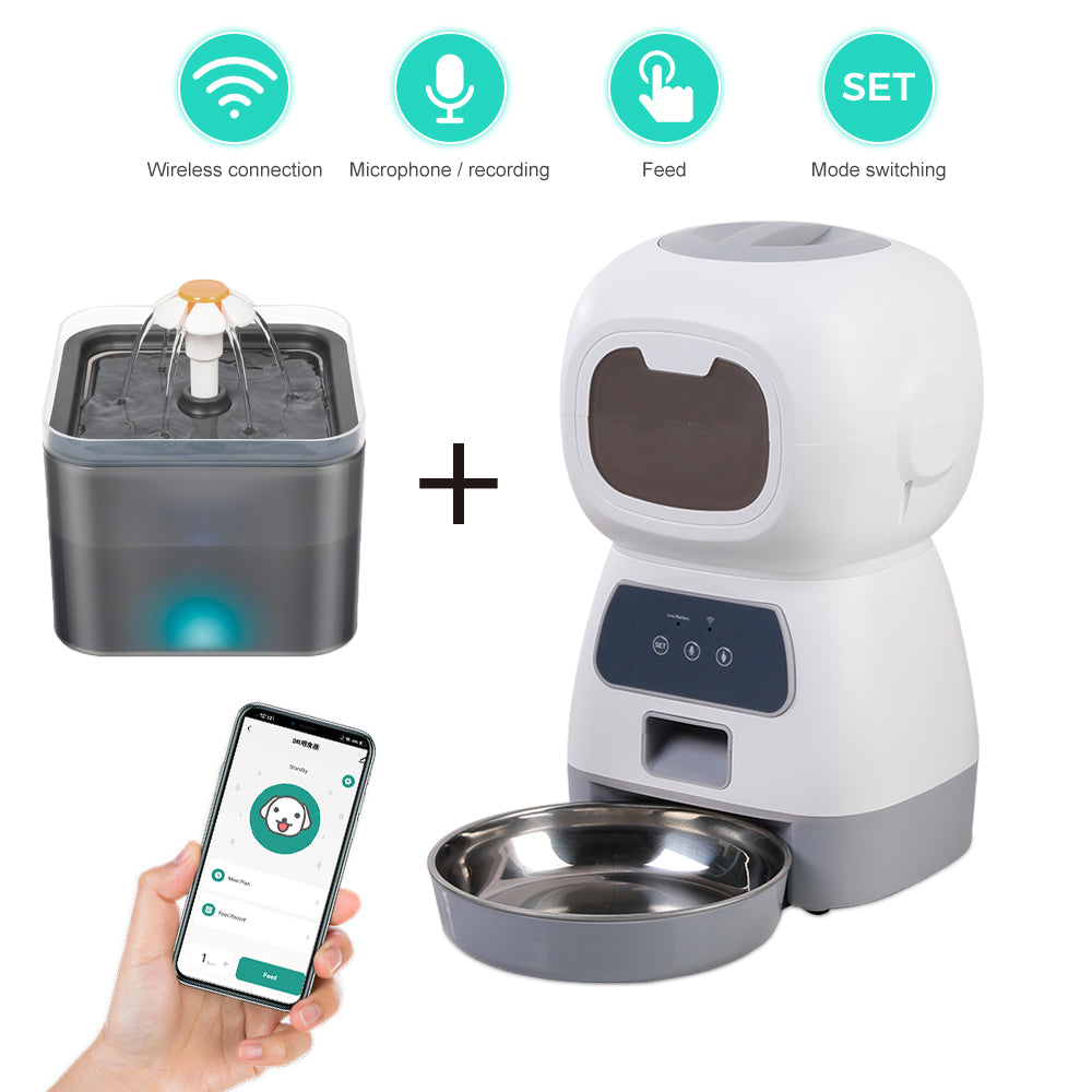 Pack distributeur connecté blanc + fontaine grise, application sur smartphone et icônes