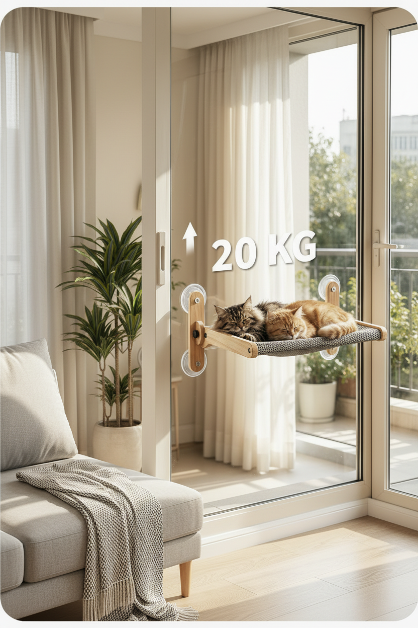 Hamac de fenêtre pour chat pliable en bois dans un salon lumineux – charge 20 kg