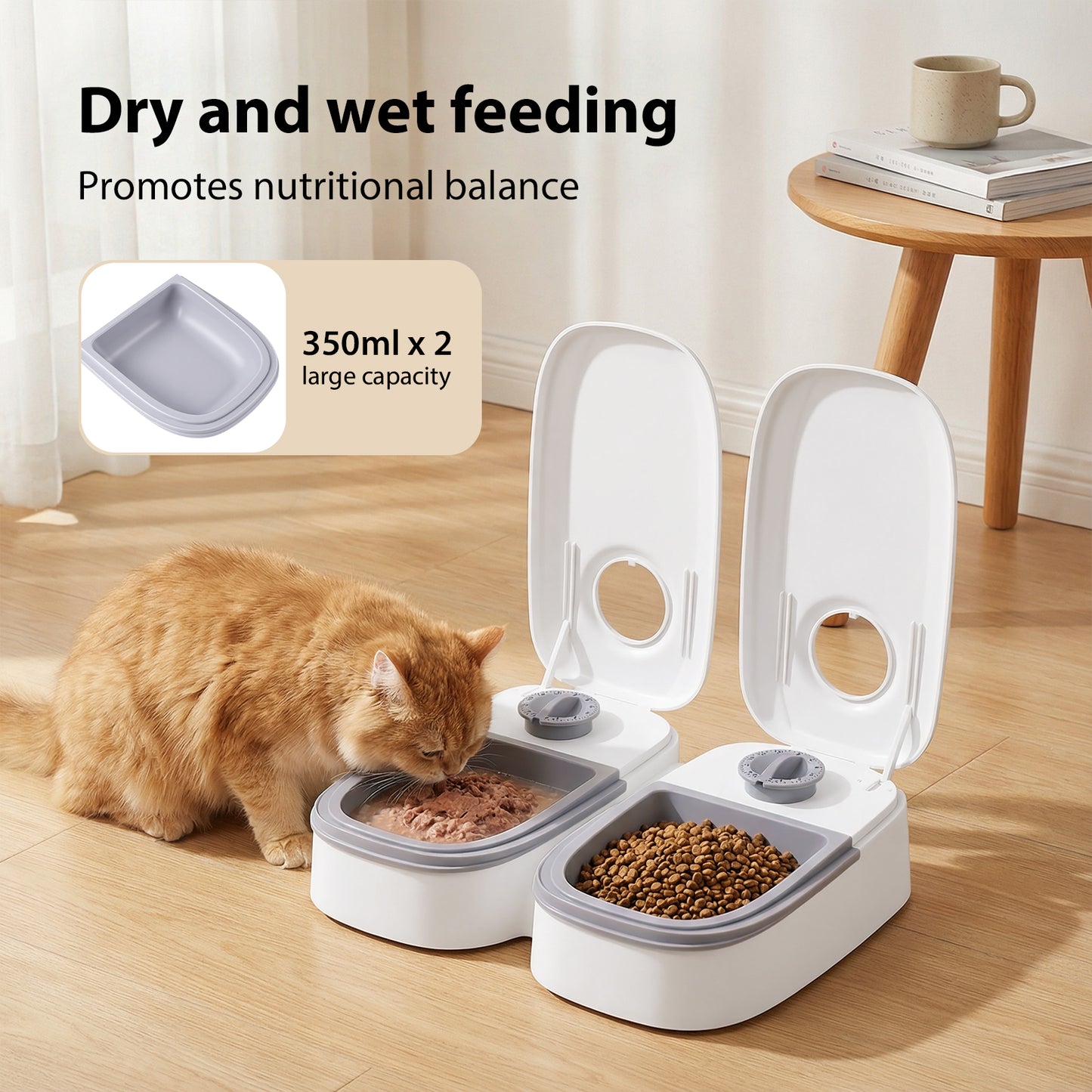 Distributeur pour chat à deux bols 350 ml, couvercles ouverts, base blanche