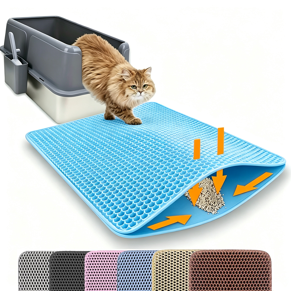 Tapis de litière pour chat bleu à texture alvéolée, double couche amovible, antidérapant