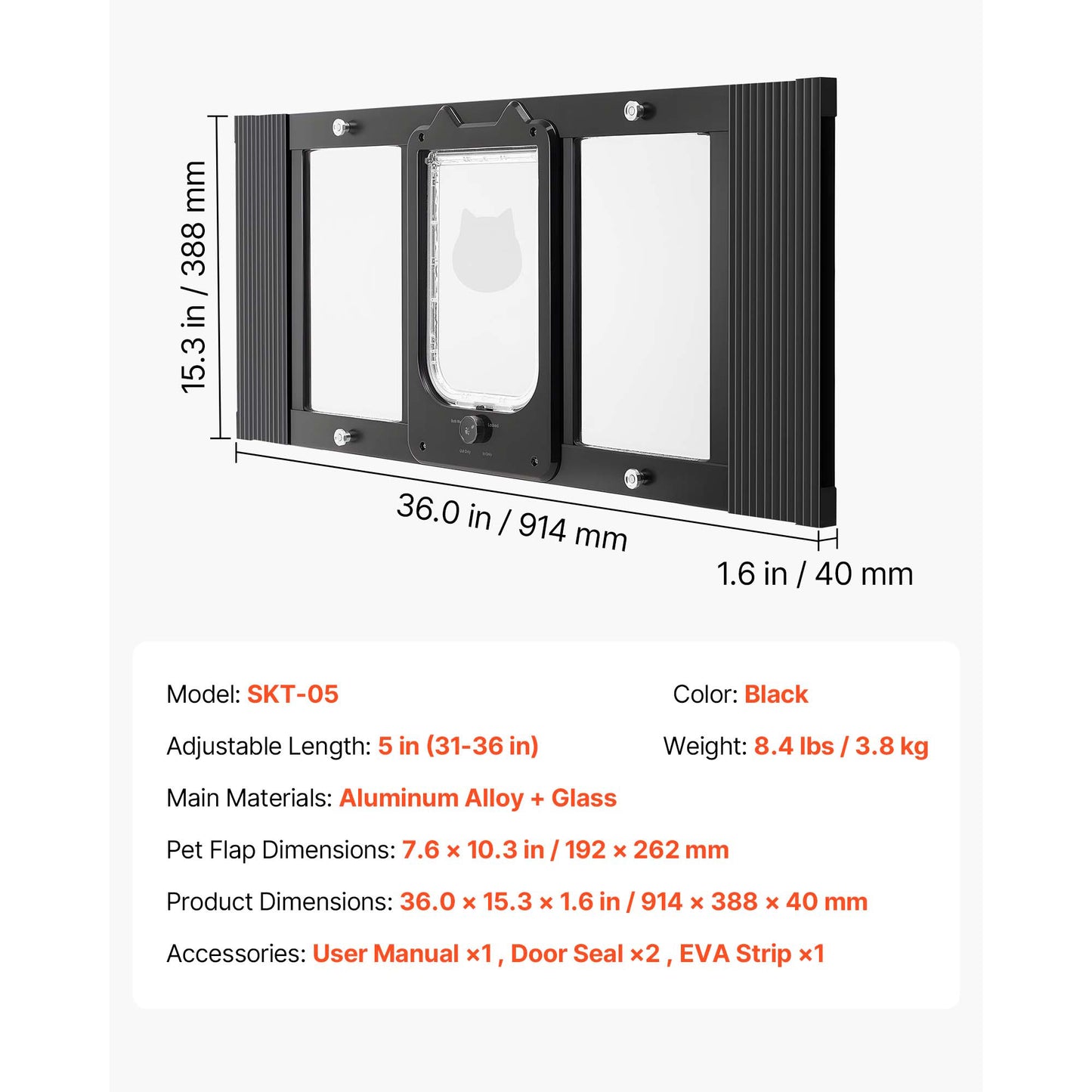 Chatière pour fenêtre en aluminium noir avec volet rectangulaire en verre