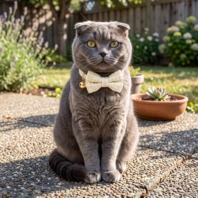 Collier chat beige, nœud papillon en tissu et clochette dorée