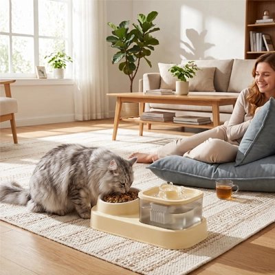 Gamelle pour Chat avec son chat qui boit sans pression à cotée de proprietaire