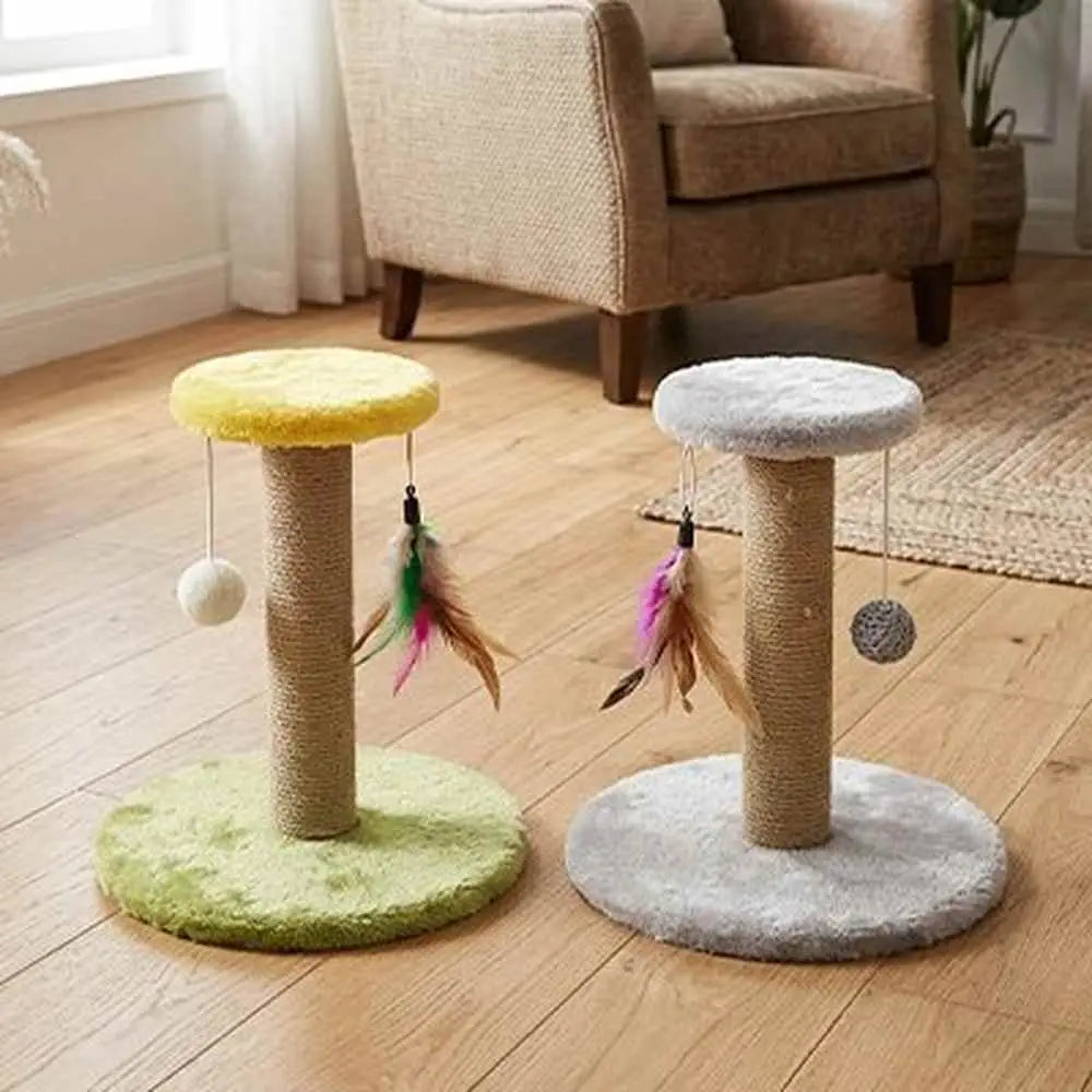 Lot de griffoirs pour chat : base verte et jaune, base blanche et grise, poteaux sisal