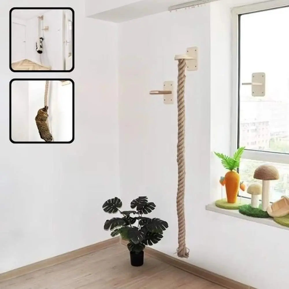 Arbre à chat mural en bois, poteau torsadé beige et plateformes carrées
