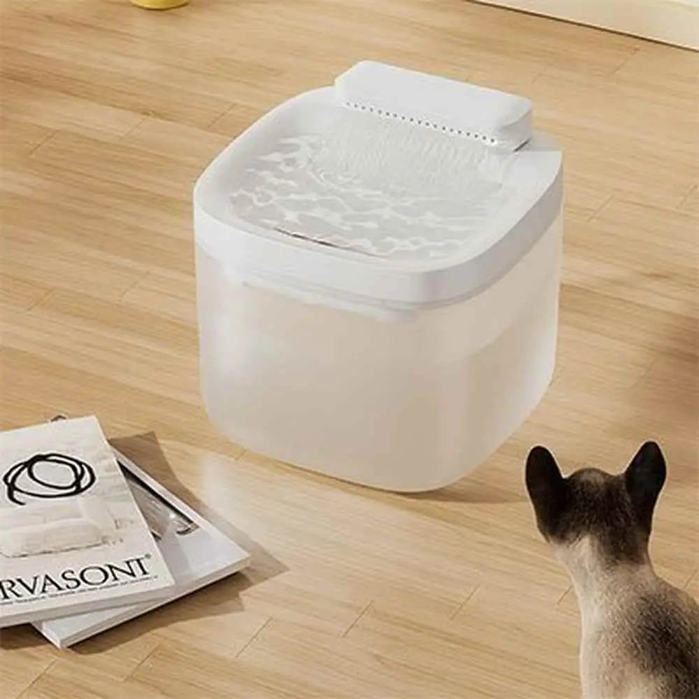 Fontaine à eau pour chat blanche, vue en biais, chat noir à côté sur sol.