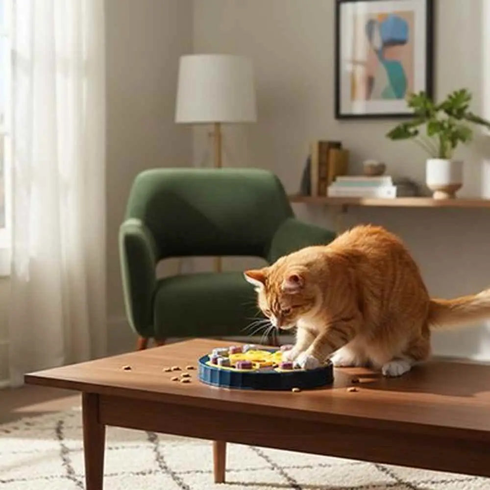Plateau repas circulaire pour jouet de chat, base bleu et petites pièces colorées