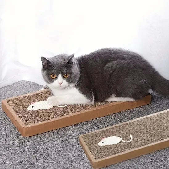 Griffoir pour chat long avec deux tapis texturés bruns, chat gris sur la rampe