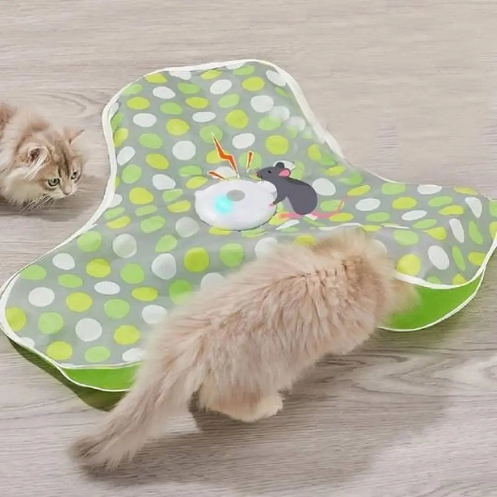 Tapis de jeu interactif pour chat vert à pois, souris et disque lumineux au centre