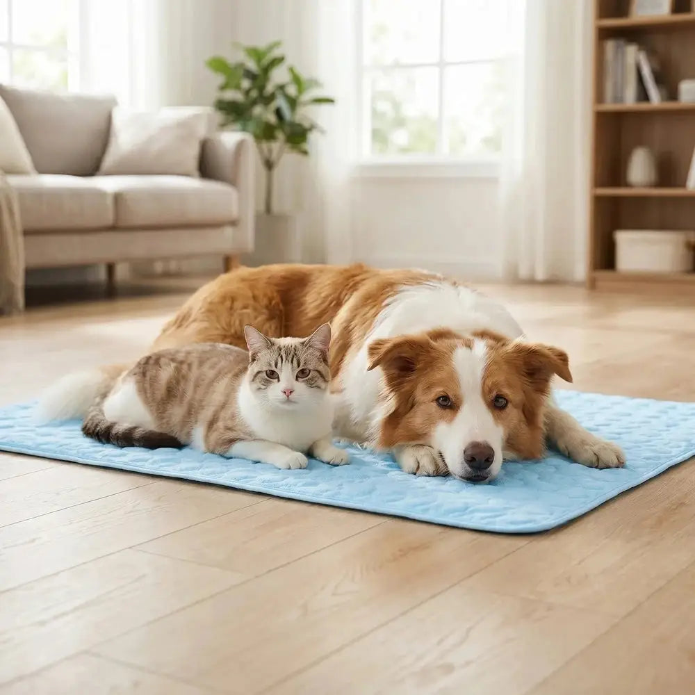 Tapis rafraîchissant pour chat bleu matelassé, chat et chien allongés côte à côte