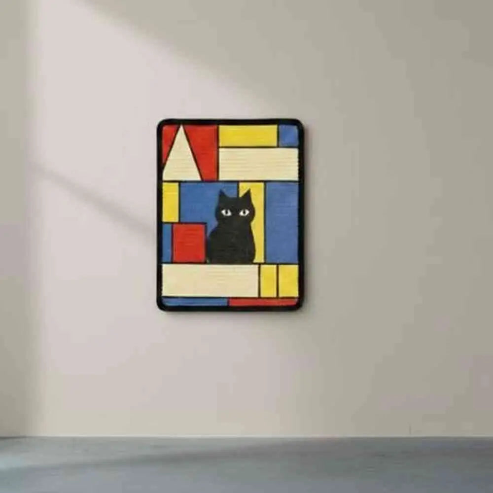 Griffoir mural pour chat, tableau carré encadré noir, motifs géométriques et chat