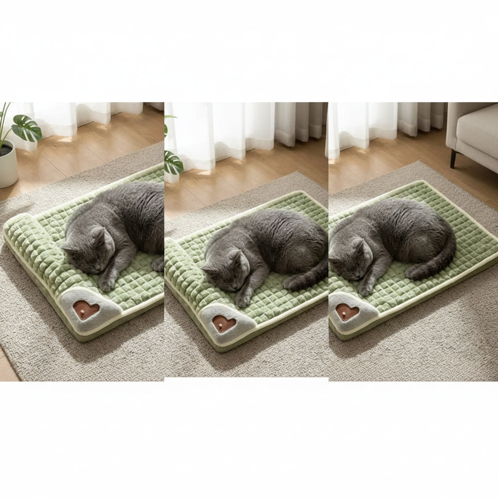 Lit pour chat vert à matelassage, bord beige clair et applique cœur grise