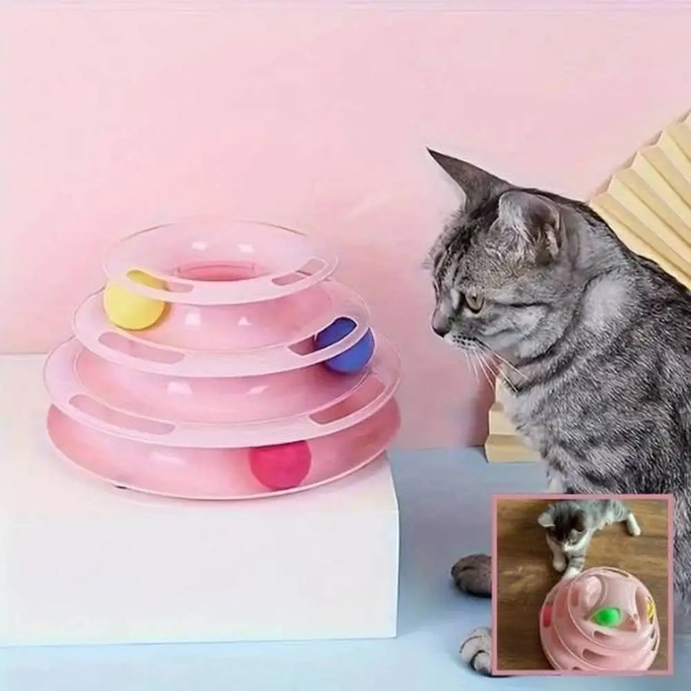 Jouet pour chat circuit de balles 3 niveaux rose avec billes colorées, trois plateaux