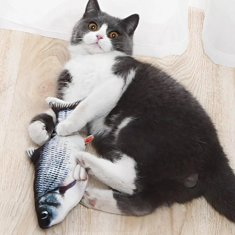 Peluche poisson pour chat, bleu-gris et blanc, forme poisson, texture douce