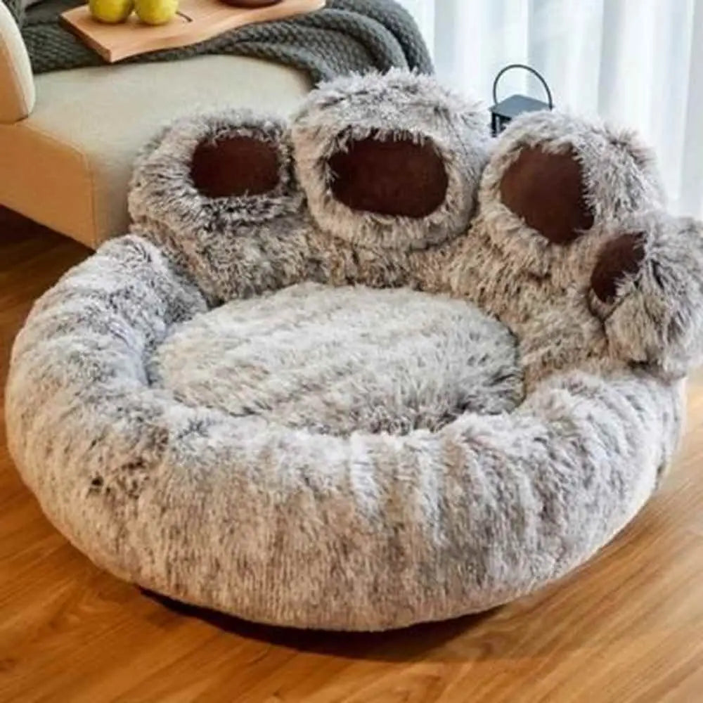 Panier pour chat rond moelleux gris, gros bords rembourrés et ouvertures pattes