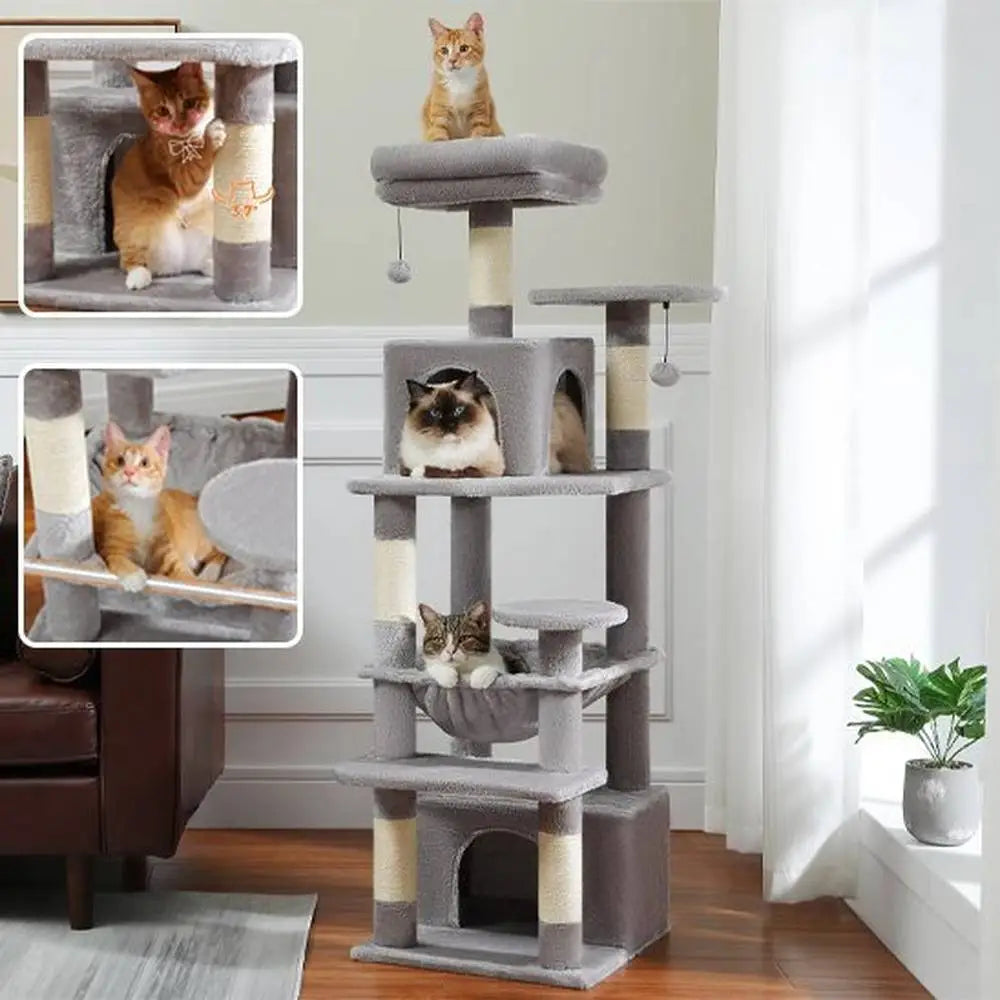 Arbre à chat multi-niveaux gris avec plateformes, maison et perchoir supérieur