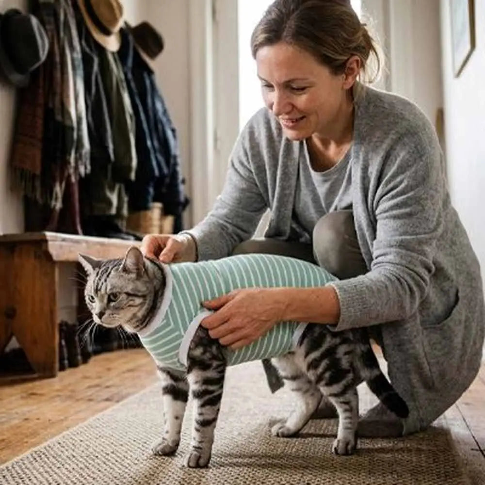 Body post-opératoire pour chat à rayures vert d’eau, encolure et emmanchures