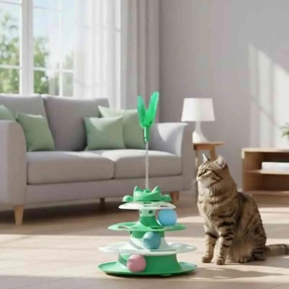 Jeu interactif chat Stimu-Félin vert, plume suspendue et boules sur plateau