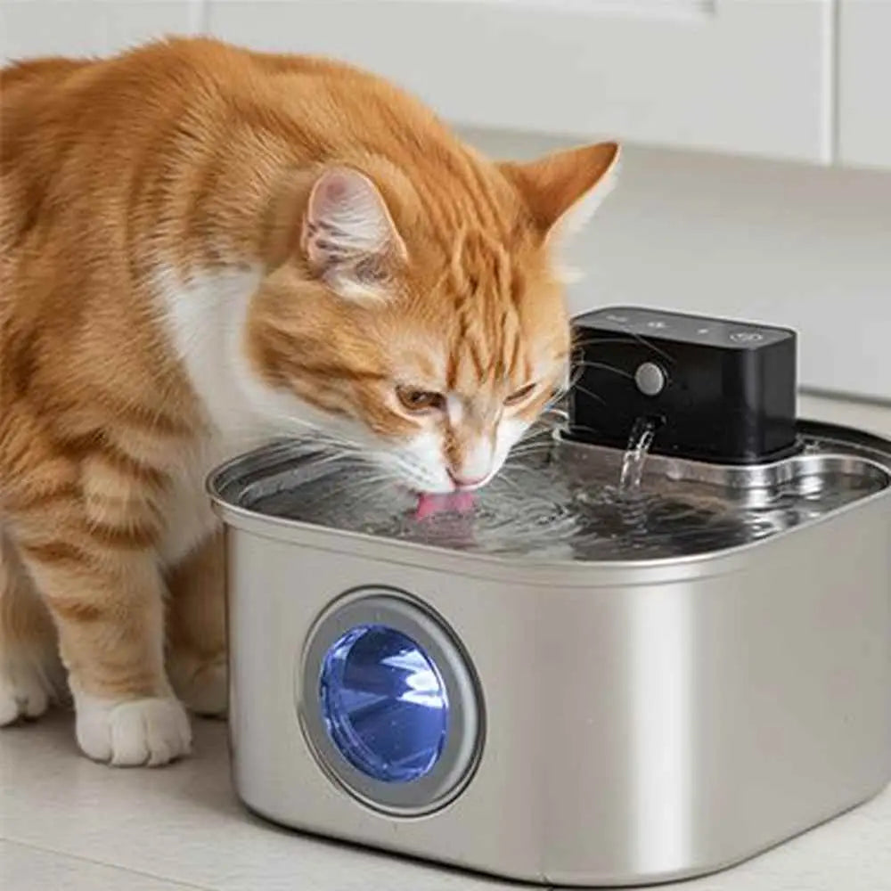 Fontaine à eau pour chat en acier inoxydable, gros plan: chat roux boit dans la vasque