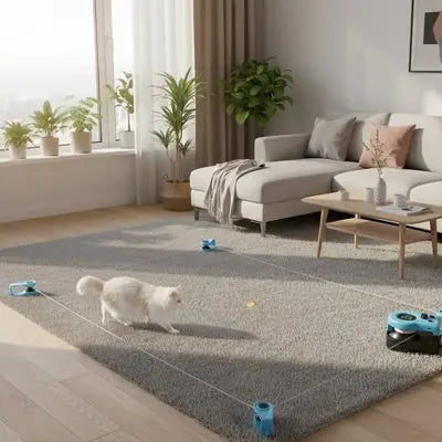 Jouet pour chat Stimul'Active bleu-noir avec accessoires, chat blanc sur tapis
