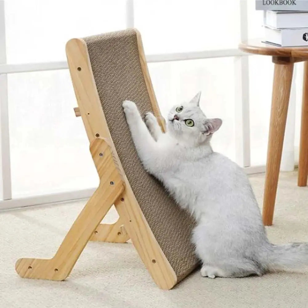 Griffoir pour chat 3 en 1 à rampe en bois et revêtement grattable en tissu