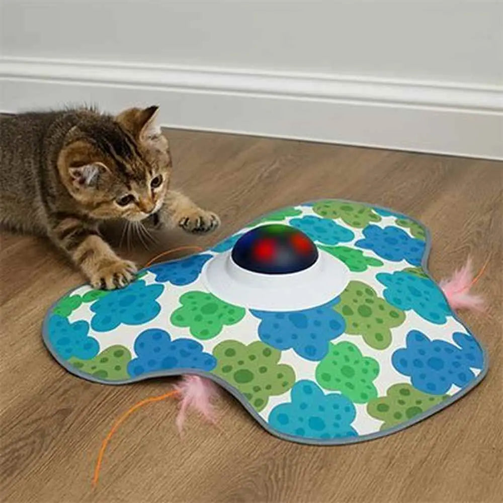 Jouet chat interactif FéliStim: tapis ovale à motifs pattes et dôme lumineux multicolore, chat joue