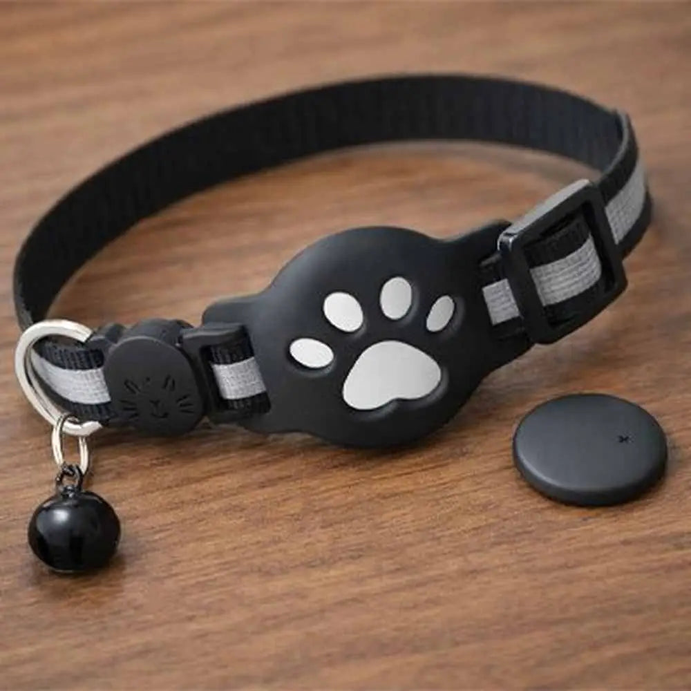 Collier GPS pour chat noir motif patte avec pendentif et boîtier de suivi