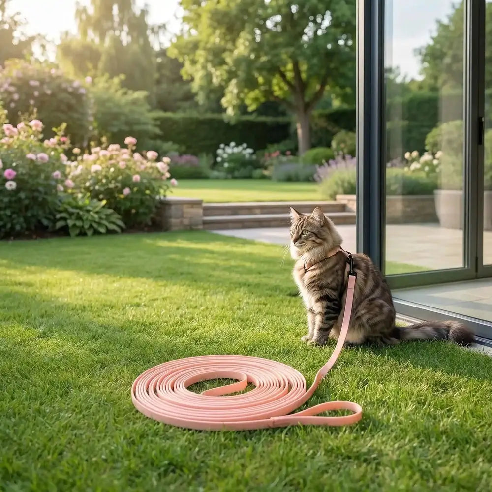Laisse pour chat PVC imperméable rose, sangle longue enroulée avec mousqueton noir