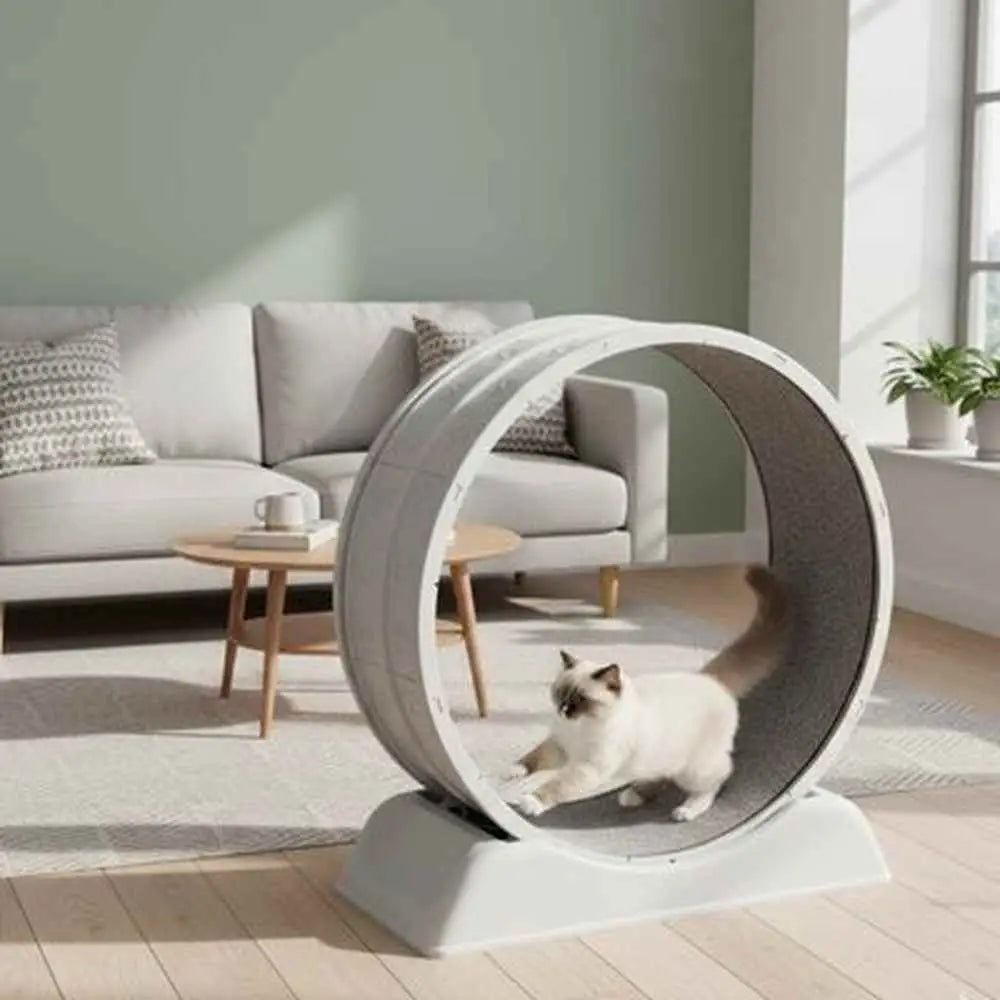 Jeu interactif pour chat, tapis roulant à roue : chat blanc dans la cabine ronde