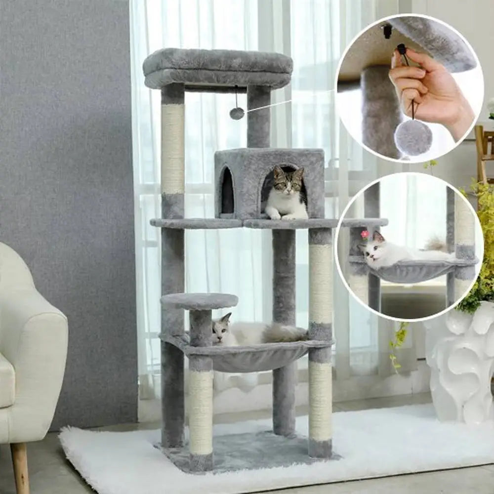 Arbre à chat compact multi-niveaux gris : plateformes moelleuses, hamac, boule pendante