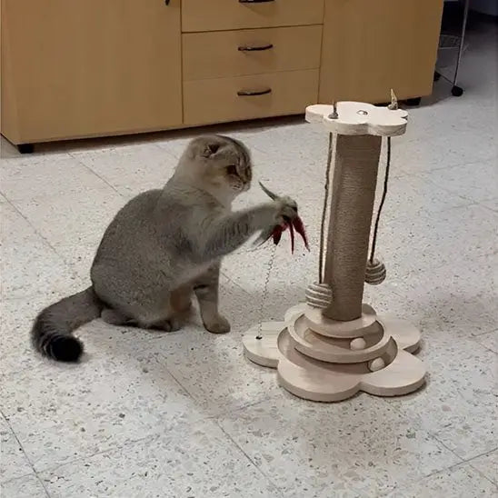 Arbre à chat en bois avec poteau en sisal, base ronde à étages et jouet à ficelle