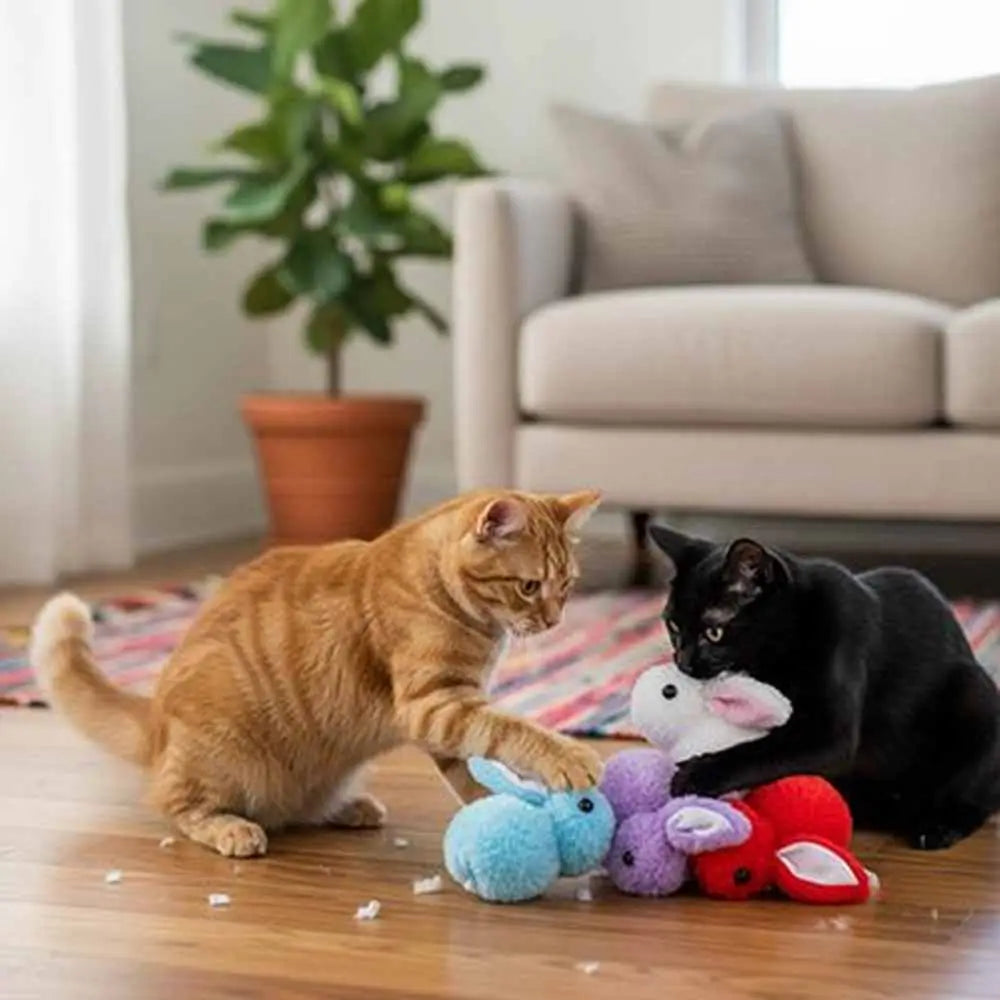 Jeu de peluches lapins pour chat : peluches de lapins rouge, bleu et violet au sol