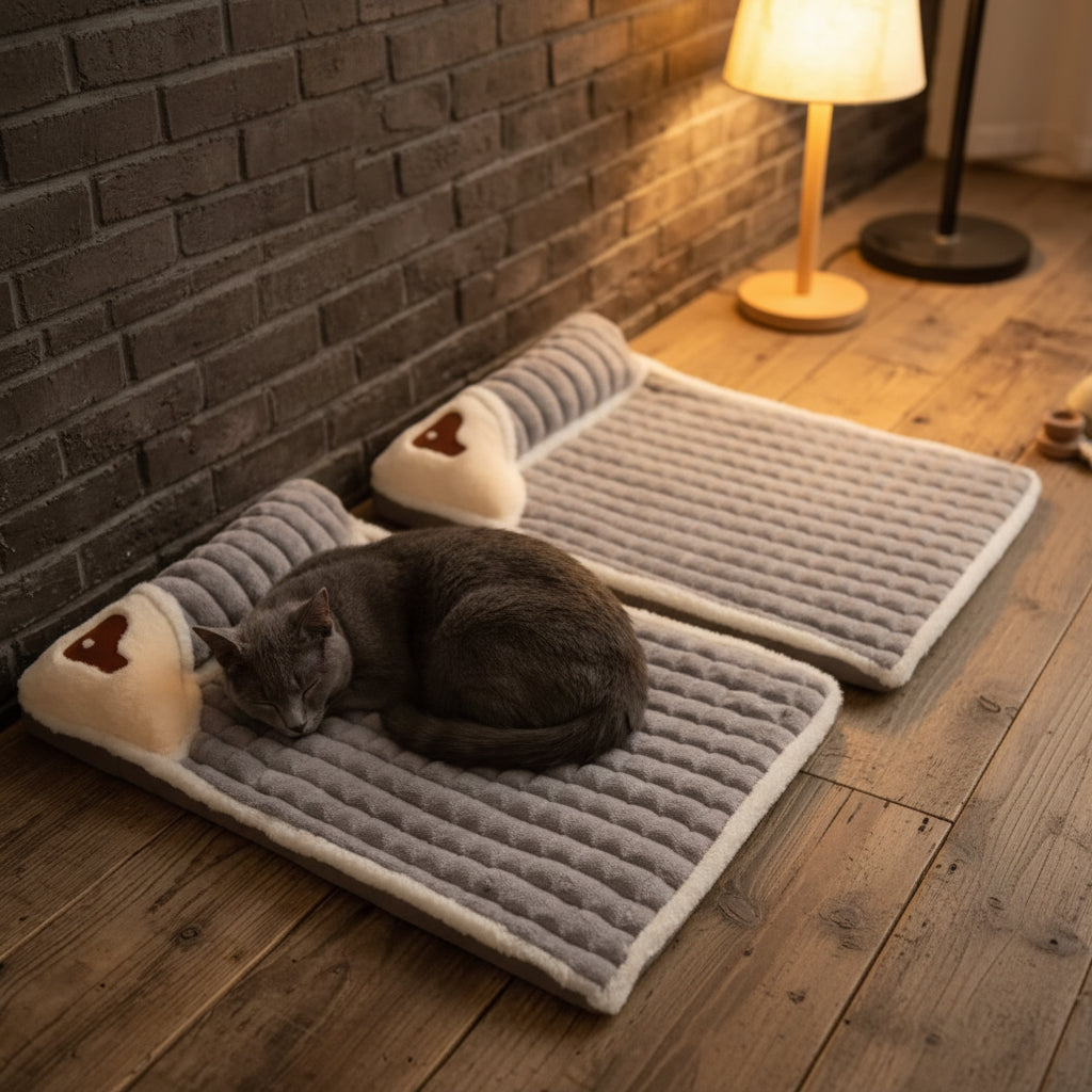 Lit pour chat gris matelassé, face beige avec applique cœur brun