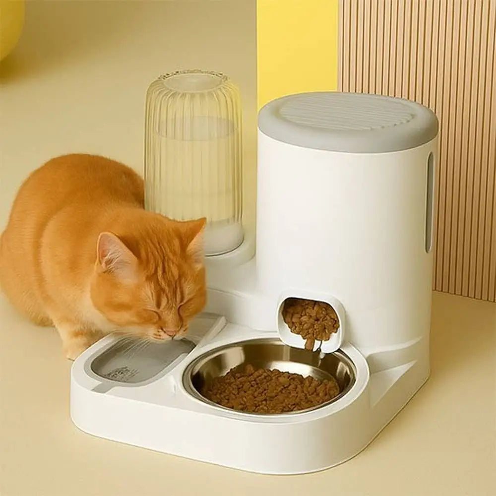 Distributeur de croquettes blanc avec trémie et trappe ronde, bol inférieur rempli
