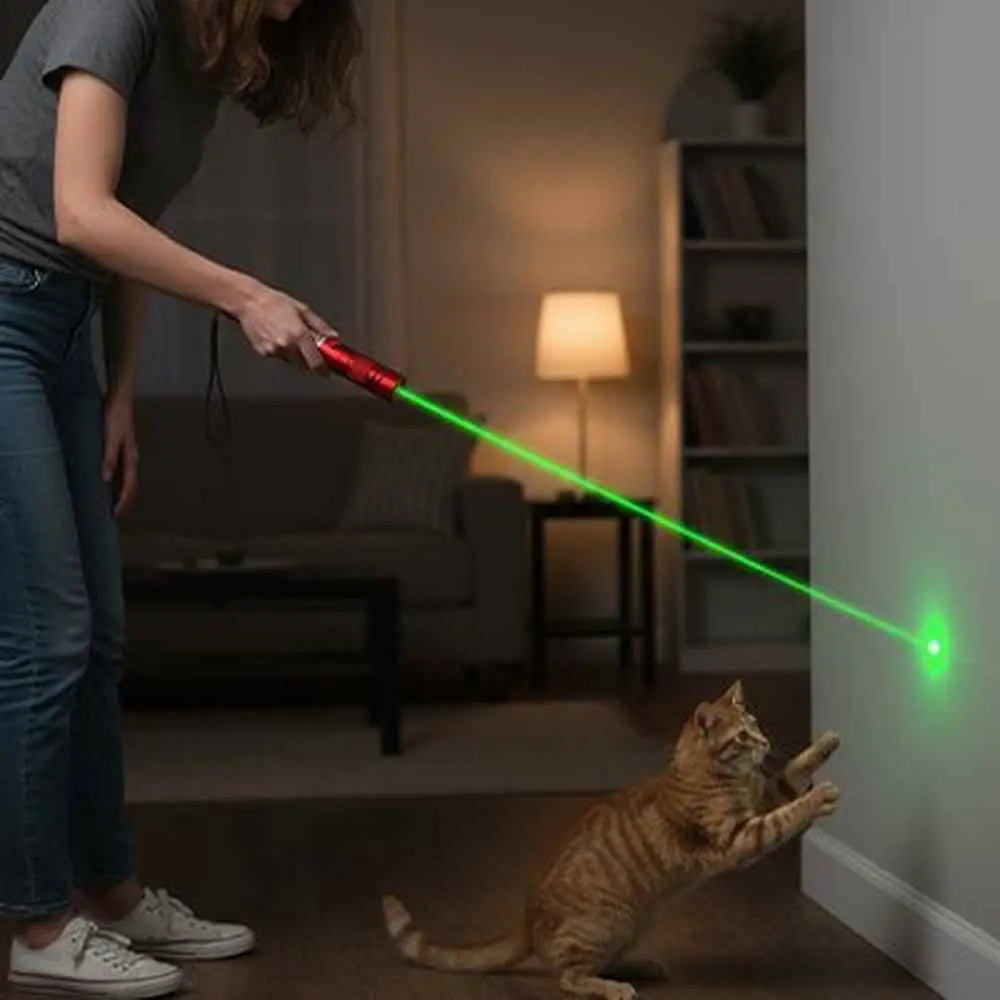 Stylo laser pour chat rouge, faisceau vert projeté vers un chat tigré.