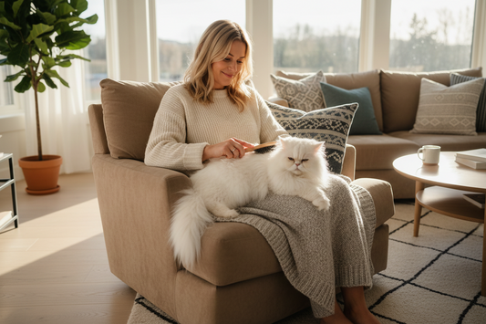Chat se faisant brosser par sa maîtresse dans un fauteuil de salon