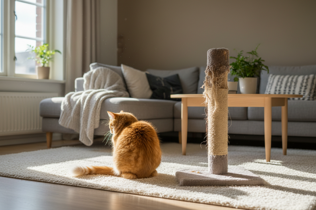 Chat qui ignore son griffoir en sisal usé et effiloché — il est temps de le remplacer