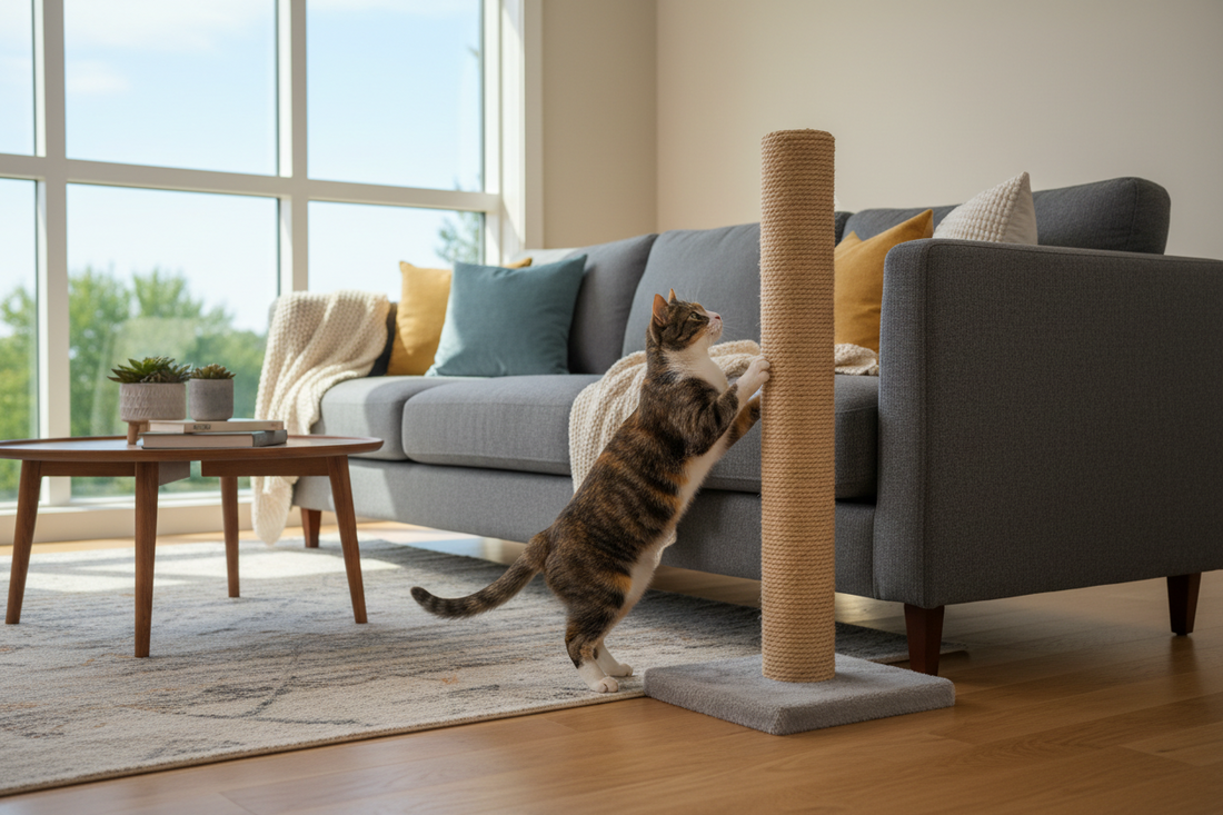 Chat griffant un griffoir en sisal près d'un canapé dans un salon