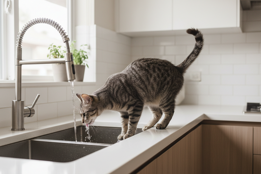 Chat qui boit au robinet dans la cuisine