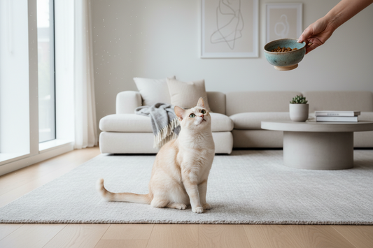 Chat regardant sa propriétaire lui apporter sa gamelle dans le salon