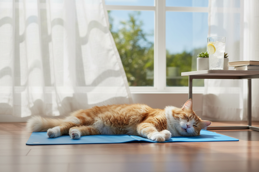 Chat sur tapis rafraîchissant en été - protéger son chat de la chaleur