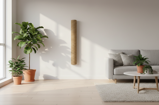 Griffoir mural en sisal fixé dans le salon — solution design et gain de place