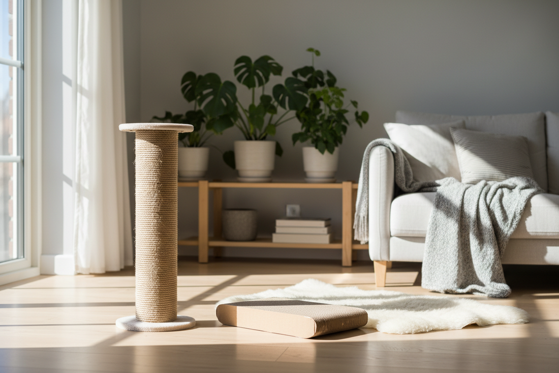 Comparatif griffoir pour chat : sisal vertical à gauche, carton ondulé à droite