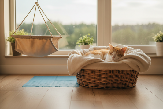 Chat endormi dans un panier en osier douillet avec hamac et tapis rafraîchissant – Univers du Chat