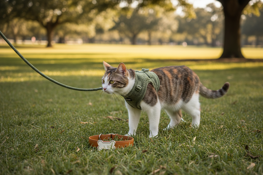 Chat en harnais en promenade avec collier à médaille — guide collier, harnais et laisse pour chat — Univers du Chat