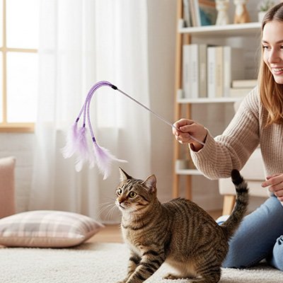 Jeu pour chat plume colorée - comportement affectif du chat endormi