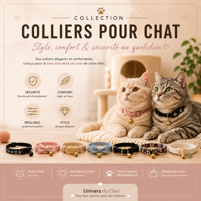 Collection colliers pour chat Univers du Chat — style, confort et sécurité : colliers réglables avec boucle anti-étranglement, designs élégants pour tous les chats