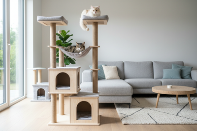 Arbre à chat XXL multi-niveaux avec hamac et niches dans un salon scandinave lumineux