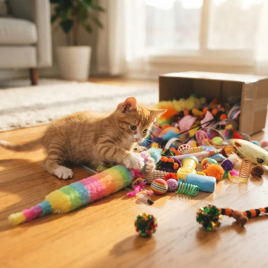 Pack de jouets pour chat avec accessoires multicolores, balles et canne à plume