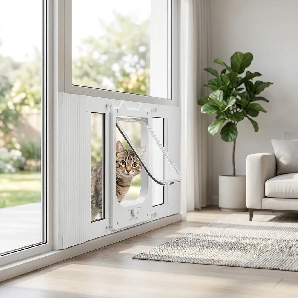 Chatière pour fenêtre aluminium blanc, volet ouvert avec chat visible dans l’ouverture